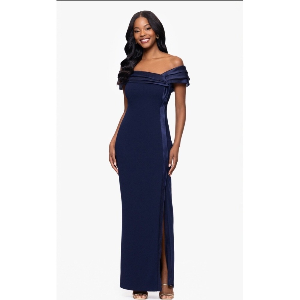 Betsy & Adam Gown Women 14 New Navy Off-Shoulder Satin Trim Maxi MSRP $269
